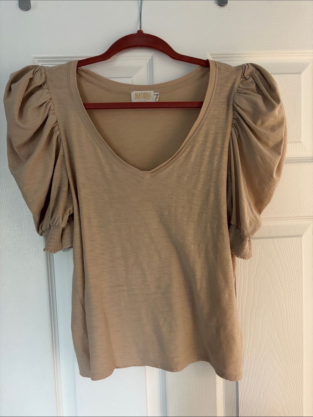 Nation LTD Tan Puff Sleeve V-Neck Tee